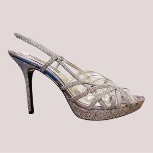 Nina New York Silver Stiletto Platform Slingback Heels Size 9‎ M